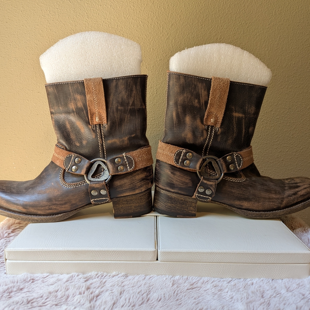 Bed Stu Distressed Brown Leather Harness Heeled Boots